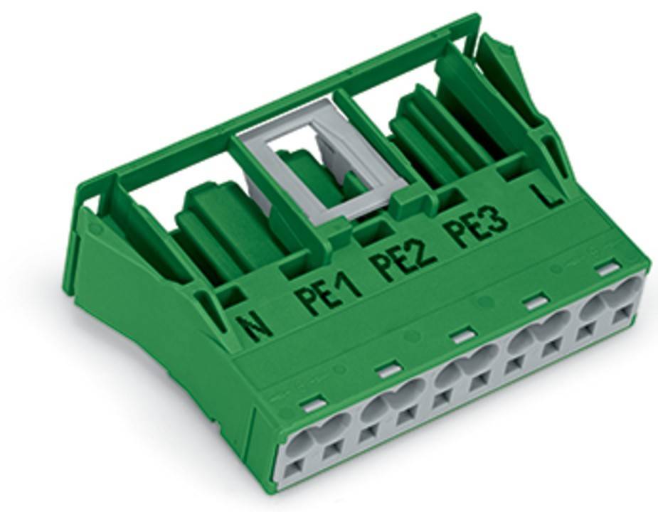 Ein grüner Klemmenblock-Anschluss mit beschrifteten Schlitzen 'N', 'PE1', 'PE2', 'PE3' und 'L' wird gezeigt, der mehrere Drahteintrittspunkte aufweist.
