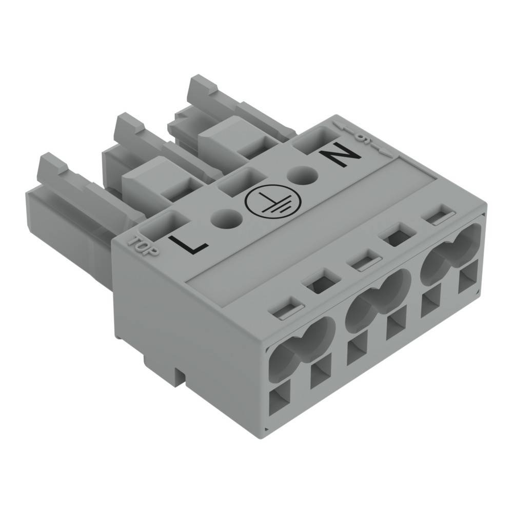 Ein Fünf-Pin-Elektroanschluss, beschriftet mit 'TOP', 'L', 'N', mit einem Erdungssymbol. Verwendet für Verkabelung und elektrische Verbindungen.