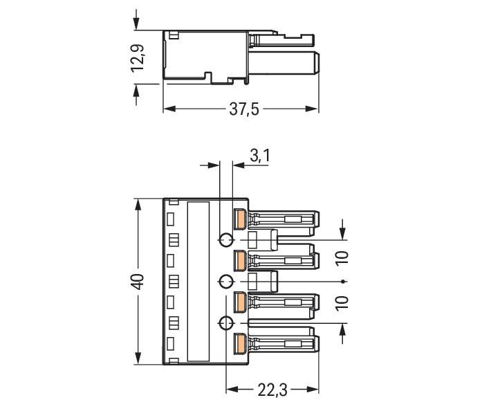 Technische Zeichnung eines Verbinders mit Abmessungen: Draufsicht zeigt 37,5 mm Länge und 12,9 mm Höhe; Seitenansicht zeigt 22,3 mm Breite und 40 mm Höhe.