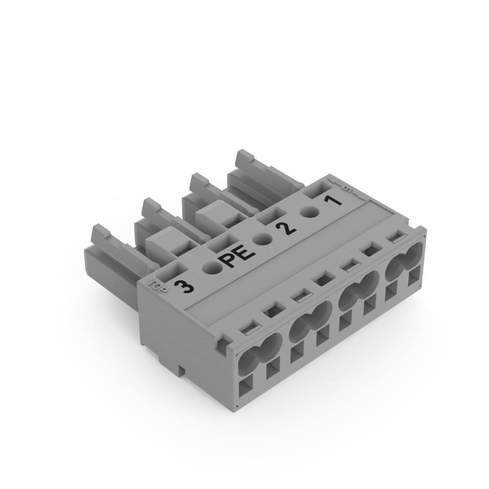 Ein grauer, rechteckiger Klemmenblock, beschriftet mit 'PE', '2' und '1', mit mehreren Anschlussports, der für elektrische Verkabelung und Erdung verwendet wird.