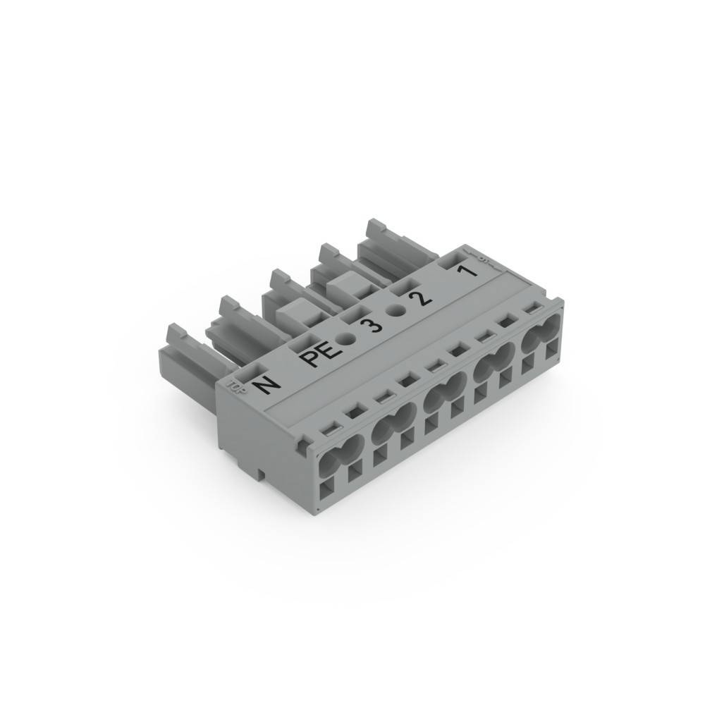 Ein grauer Klemmenblock-Anschluss mit beschrifteten Eingängen: 'N', 'PE', '3', '2' und '1'. Verwendet für elektrische Verbindungen.