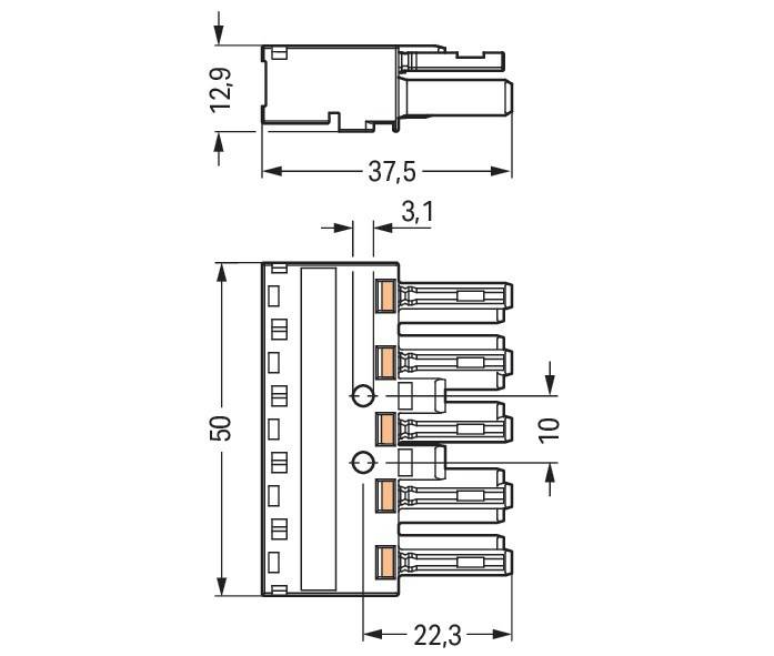Diagramm einer elektrischen Komponente, Abmessungen gekennzeichnet: Breite 37,5 mm, Höhe 50 mm, Seitenprojektion 12,9 mm, Basis 22,3 mm.