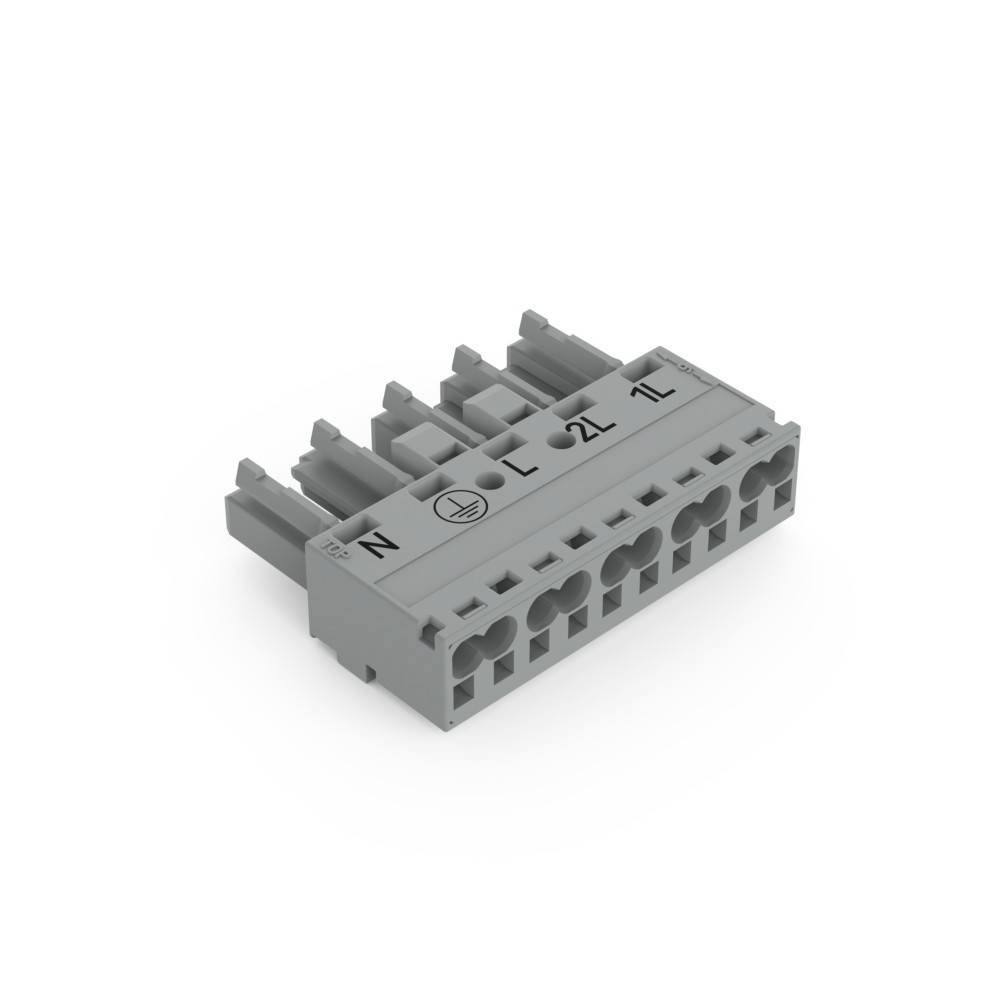 Ein grauer elektrischer Anschlussblock mit mehreren Drahtanschlussöffnungen, beschriftet mit 'N', 'L', '12' und '1L', verwendet zum Verdrahten von Schaltkreisen.