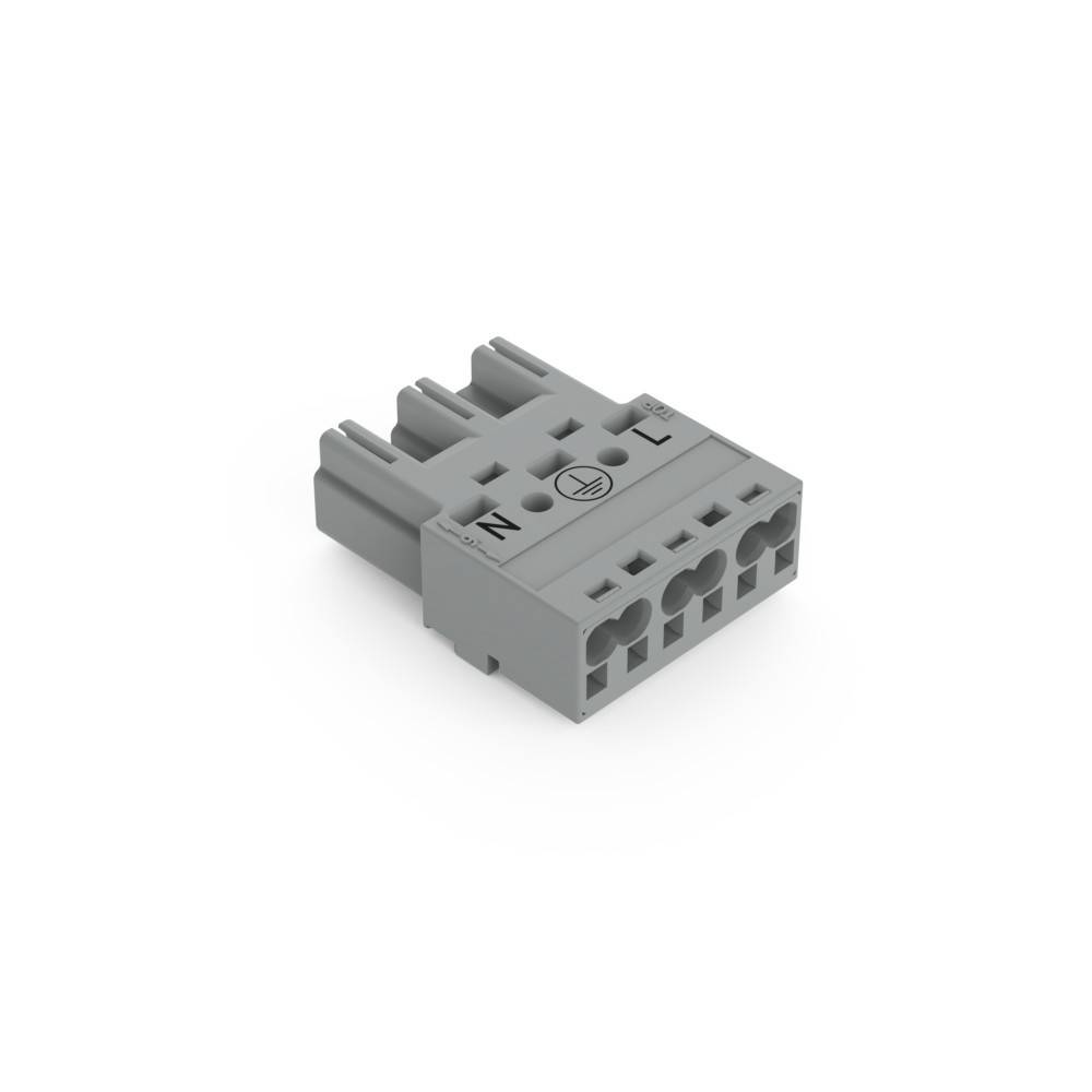 Ein grauer elektrischer Klemmblock mit Beschriftungen für 'L', 'N' und Erdungsanschlüsse, der zum Sichern von Leitungen und zur Gewährleistung eines ordnungsgemäßen Stromflusses verwendet wird.