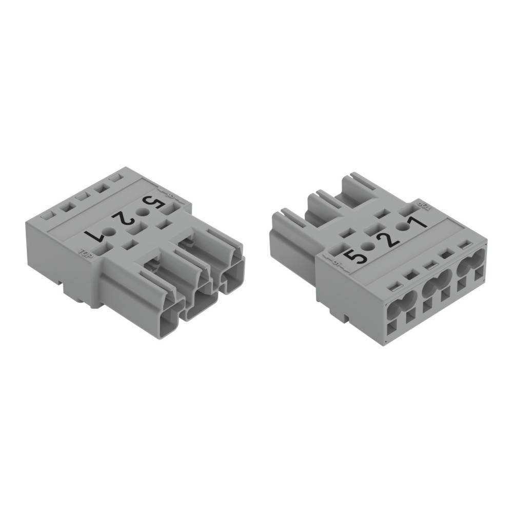 Zwei graue elektrische Anschlüsse mit beschrifteten Schlitzen '1', '2' und '5', aus verschiedenen Blickwinkeln dargestellt.