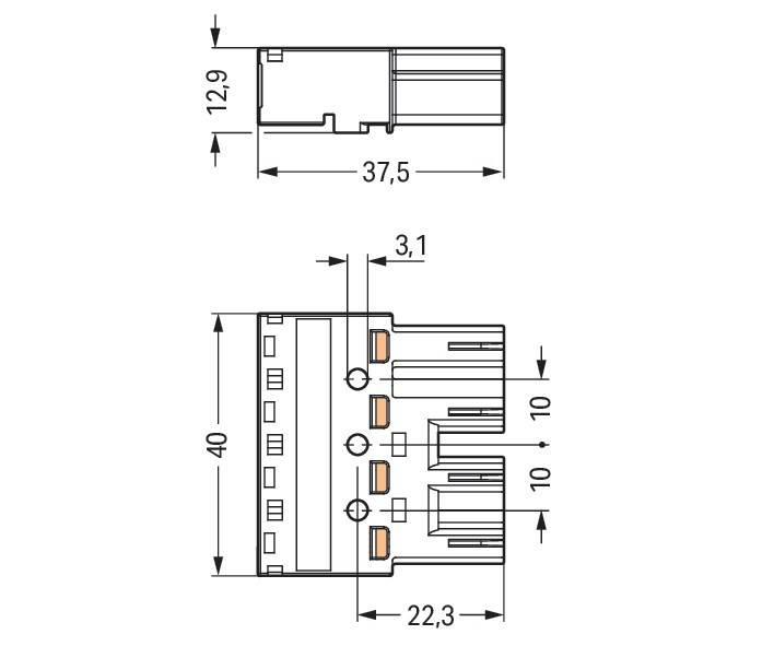 Technische Zeichnung eines elektrischen Anschlusses mit Maßangaben, die eine Länge von 37,5 mm, eine Höhe von 40 mm und eine Breite von 22,3 mm sowie drei Anschlüsse zeigt.