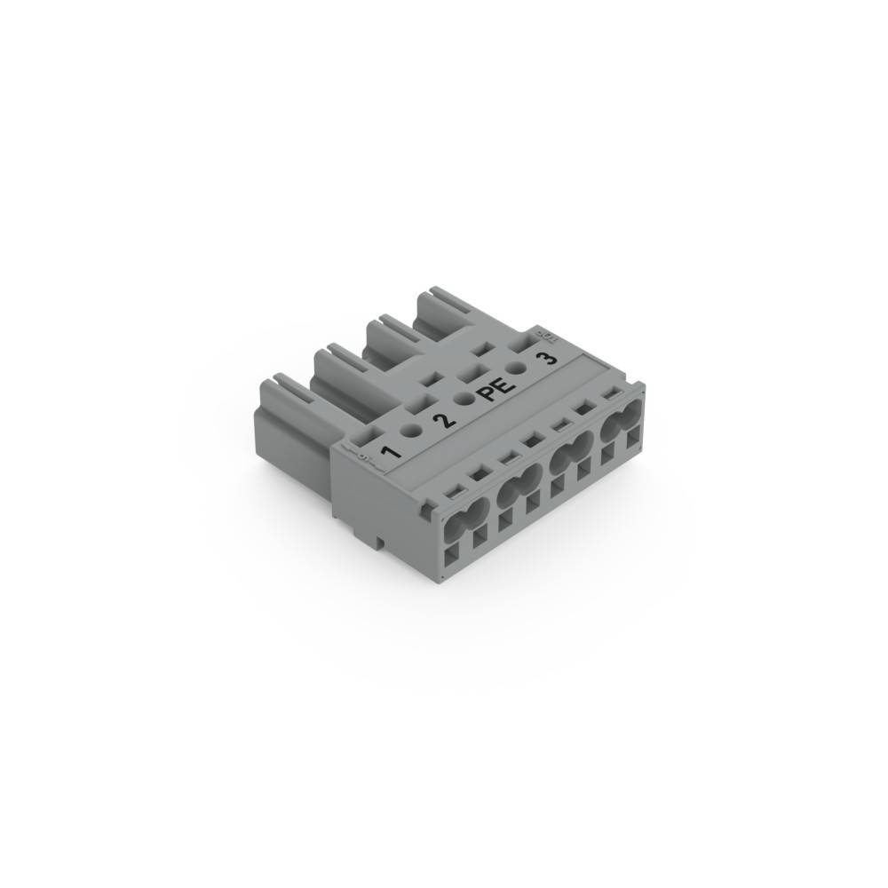 Ein kleiner grauer elektrischer Anschlussblock, auf dessen Oberseite '1', '2', 'PE', '3' beschriftet sind, mit mehreren Schlitzen und einer strukturierten Oberfläche.