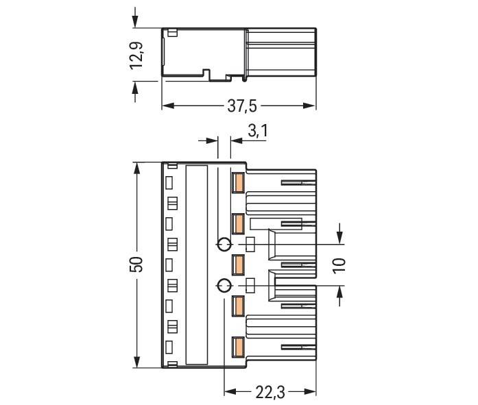 Technische Zeichnung mit Abmessungen eines Verbindungsstücks. Frontbreite: 37,5 mm, Höhe: 50 mm, Tiefe: 12,9 mm. Seitenbreite: 22,3 mm.