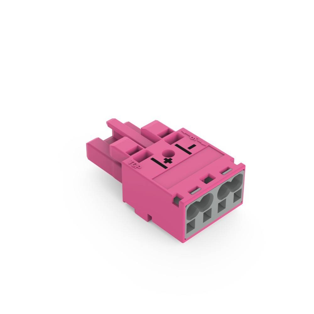 Ein rosa elektrischer Anschlussklemmenblock mit '+' und '-' Symbolen zur Kennzeichnung der Polarität, der zum sicheren Verbinden mehrerer Drähte ausgelegt ist.