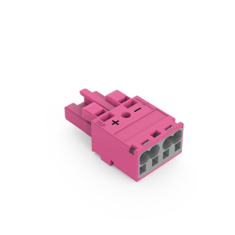Ein rosa elektrischer Verbinder mit zwei sichtbaren Metallkontakten innen und '+' und '-' Symbolen.