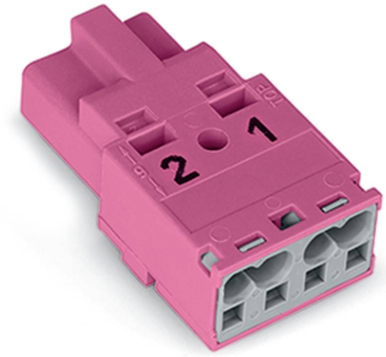 Rosa elektrischer Verbinder mit beschrifteter Oberseite und den Zahlen '1' und '2' aufgedruckt. Der Verbinder hat drei quadratische Öffnungen an einem Ende.