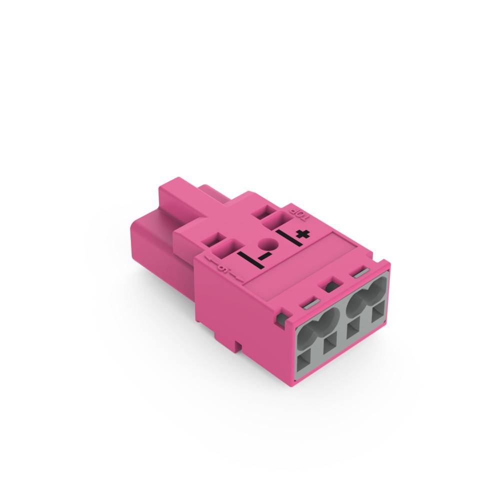 Ein rosa elektrischer Steckverbinder mit einem '+'-Zeichen und Indikator oben, der drei Steckplätze für kompatible Stecker zeigt.