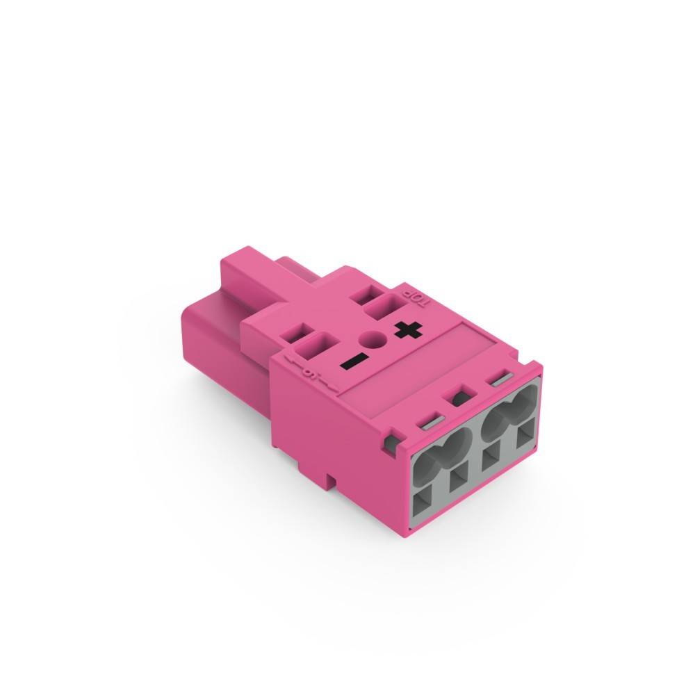 Ein rosa Elektroverbinder mit drei Anschlüssen, der mit '+' und '-' zur Kennzeichnung der Polarität beschriftet ist und in elektronischen oder elektrischen Systemen verwendet wird.