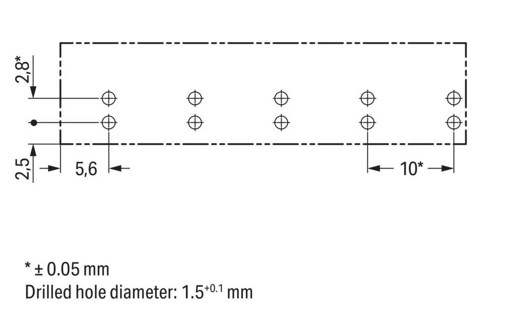 Technische Zeichnung mit einer Reihe von horizontal ausgerichteten kreisförmigen Löchern. Durchmesser: 1,5 ± 0,1 mm. Abstand zwischen den Löchern: 10 mm.