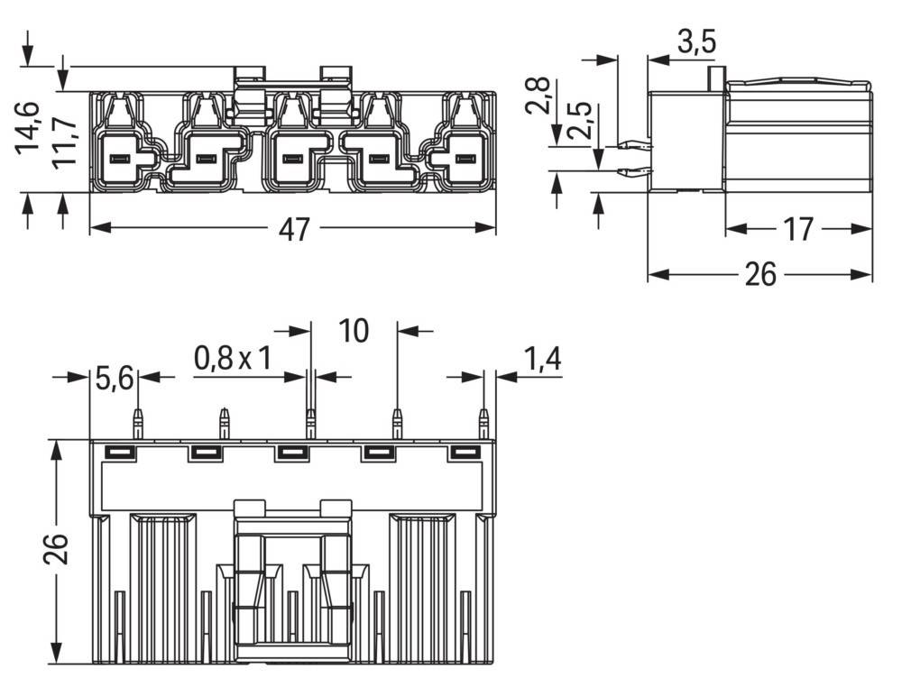 Technische Zeichnung eines elektrischen Anschlusses mit präzisen Abmessungen in Millimetern, die Dimensionen, Stiftabstand und allgemeine Designgestaltung anzeigt.