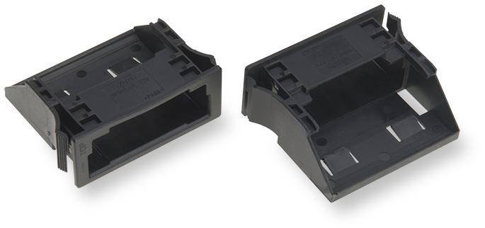 Zwei schwarze Plastik-Klemmverbinder werden getrennt dargestellt, wobei ihr ineinandergreifendes Design hervorgehoben wird.