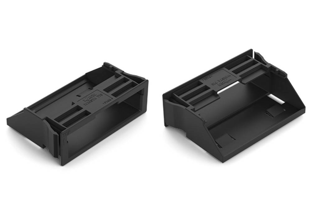 Zwei schwarze rechteckige Kunststoffhalterungen mit inneren Stützstrukturen, nebeneinander positioniert, für Montage- oder Befestigungszwecke verwendet.