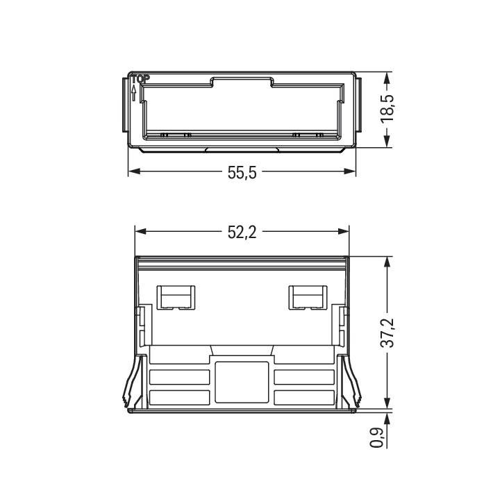 Technische Zeichnung eines rechteckigen Schlitzes mit Abmessungen: Breite 55,5 mm, Höhe 18,5 mm, Innenbreite 52,2 mm, Gesamthöhe 37,2 mm.