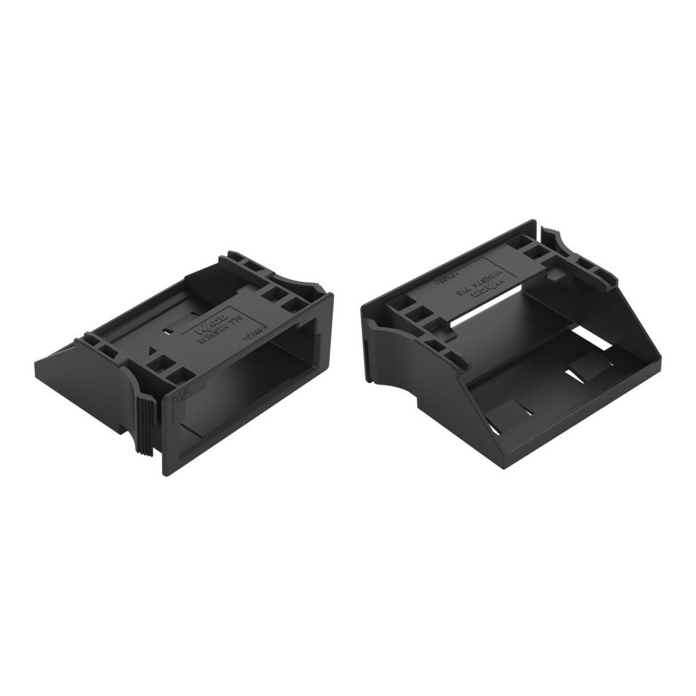 Zwei schwarze, ineinandergreifende Kunststoffkomponenten, die entwickelt wurden, um ein rechteckiges Objekt zu stützen, dargestellt in verschiedenen Winkeln zur Detailansicht.