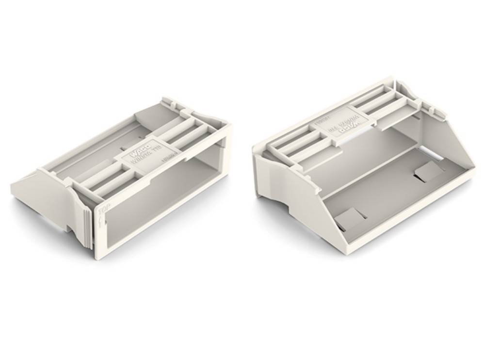 Zwei weiße Kunststoff-V-0-Sicherungshalter mit sichtbarem Firmenlogo, für elektrische Sicherheit konzipiert, nebeneinander auf weißem Hintergrund.