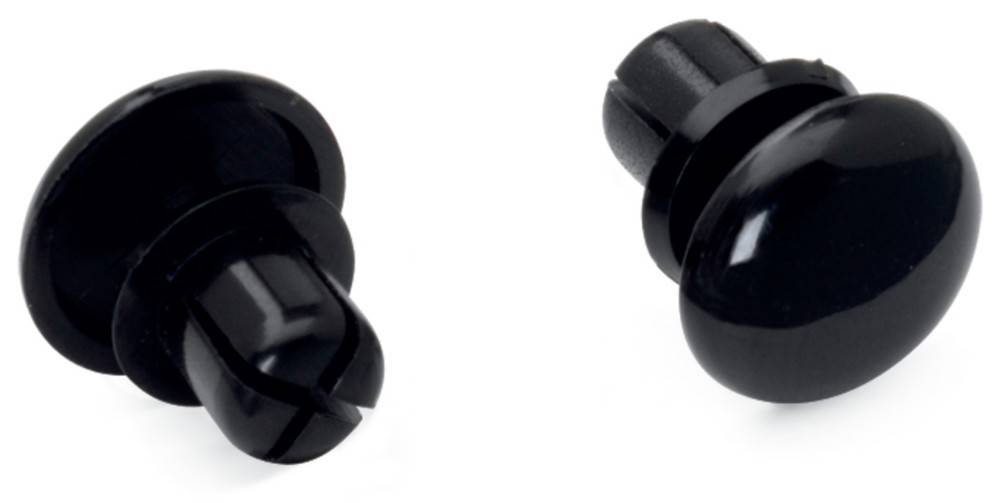 Nahaufnahme von zwei schwarzen Kunststoff-Drucknieten auf weißem Hintergrund, die ihre abgerundeten Köpfe und gespaltenen Schäfte zeigt.