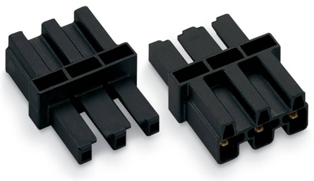 Zwei schwarze Plastik-Elektroverbinder mit Stiften und Schlitzen, die für das Verbinden von Komponenten in einem elektronischen oder automobilen System konzipiert sind.