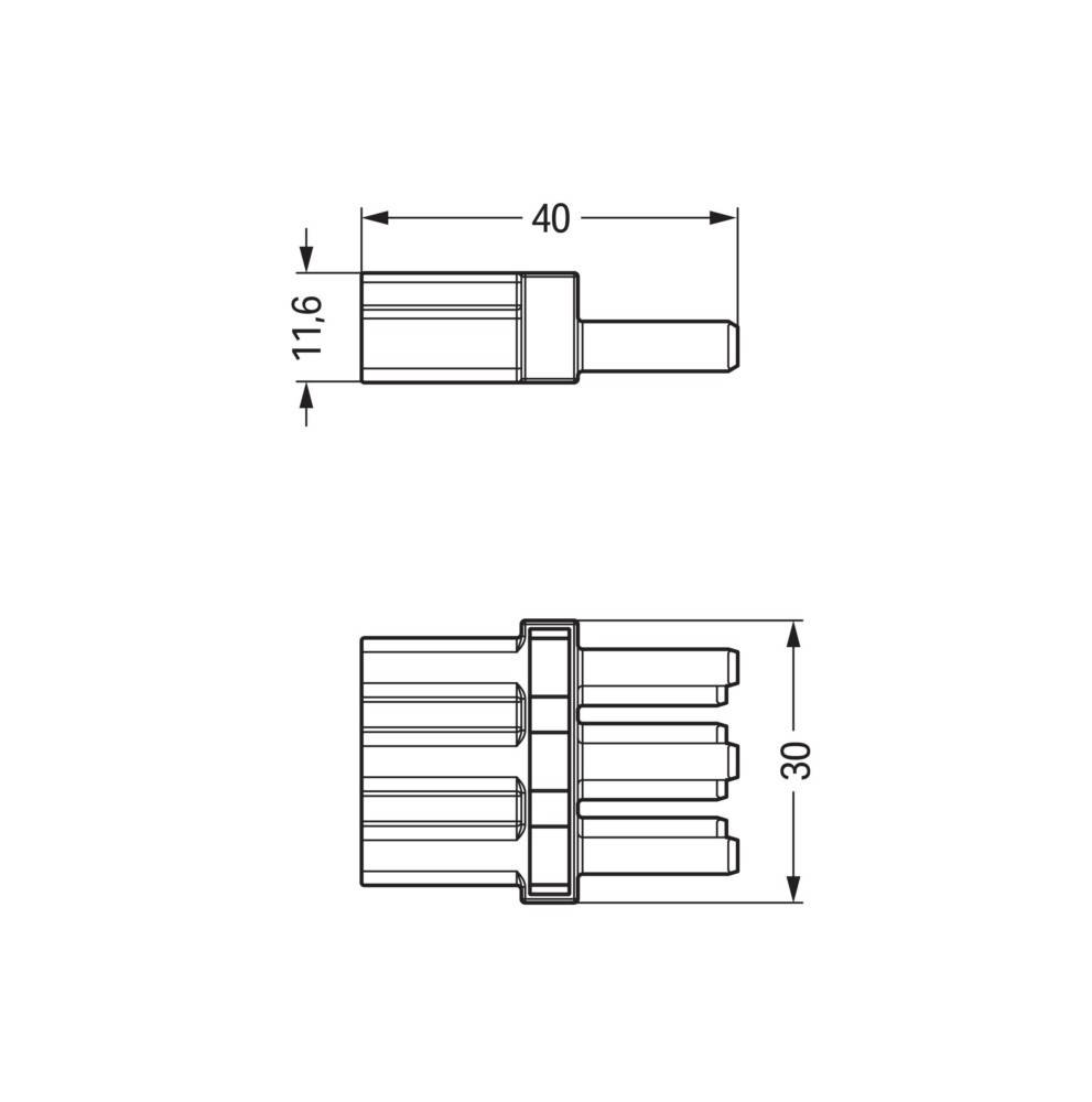 Technische Zeichnung eines rechteckigen Verbindungsstücks mit Abmessungen von 40 x 11,6 mm für das männliche Teil und 30 mm für die Breite des weiblichen Teils.