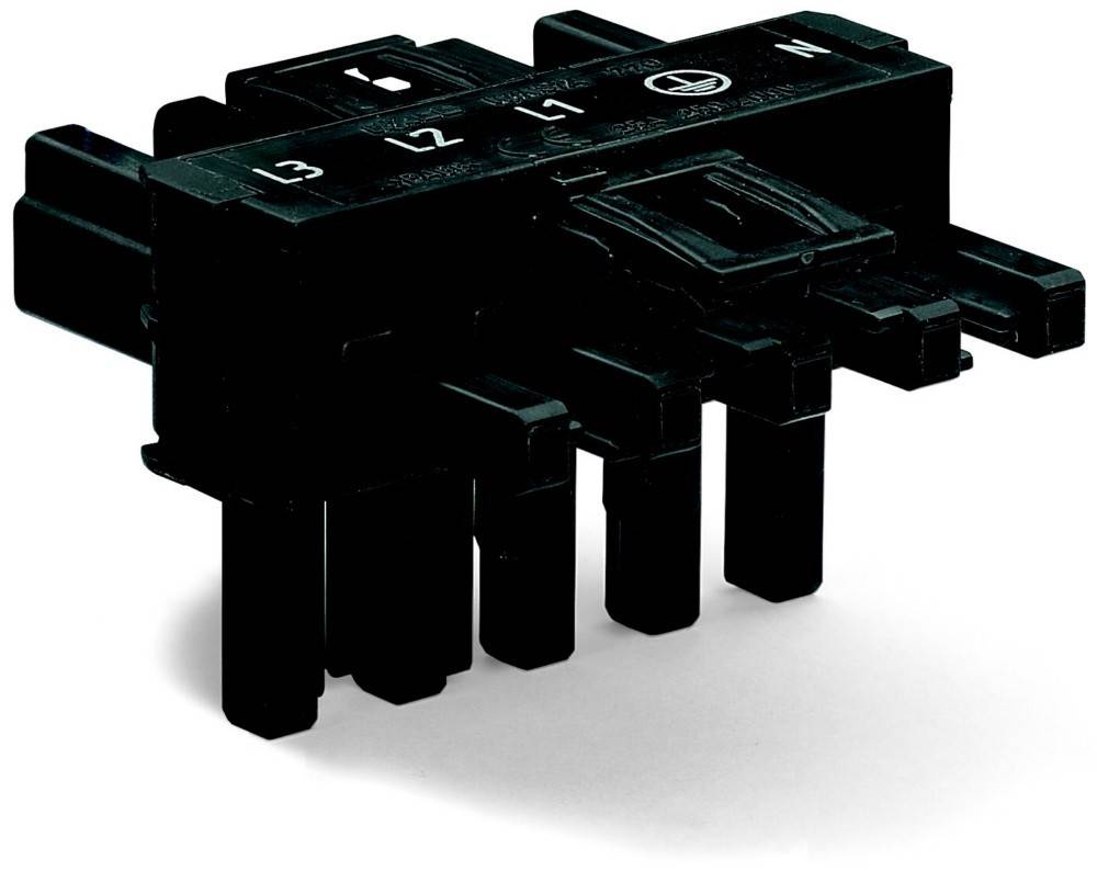 Schwarzer Elektrosteckverbinder mit nummerierten Anschlüssen 1 bis 3 und einem runden Symbol oben, isoliert auf weißem Hintergrund dargestellt.