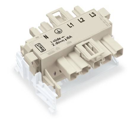 Elektrischer Anschlussmodul mit beschrifteten Anschlüssen 'N', 'L1', 'L2', 'L3' und Text '1.schieben 2.unten' für Verdrahtungsanweisungen.