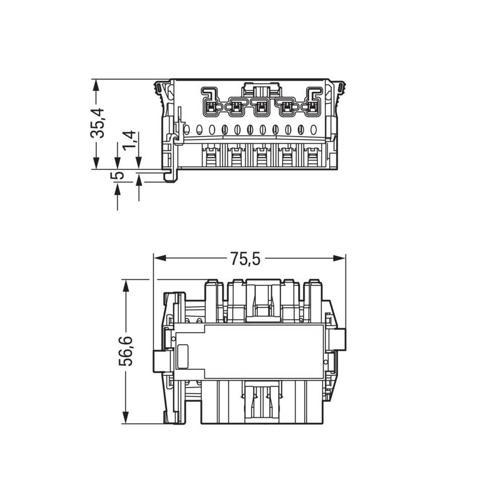 Technische Zeichnung eines elektronischen Verbinders, mit Abmessungen beschriftet als 75,5 mm Breite, 56,6 mm Höhe und 35,4 mm Tiefe.