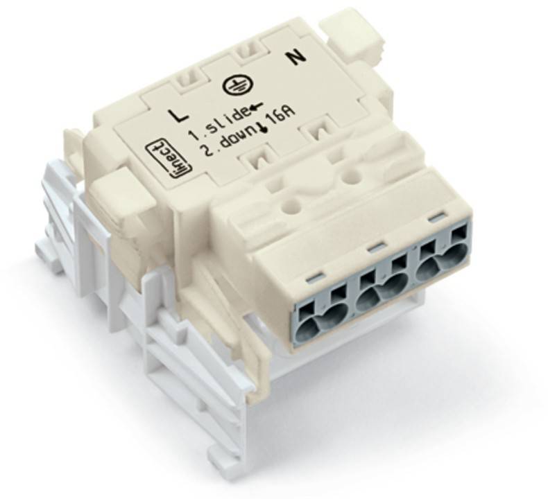 Ein weißer Elektroanschluss mit den Beschriftungen ‚L', ‚N' und ‚down' unterstützt maximal 16A und verfügt über mehrere Anschlüsse für Kabelverbindungen.