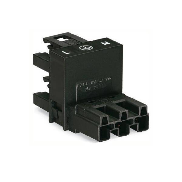 Schwarzes Kfz-Elektrorelaismodul mit beschrifteten L- und N-Anschlüssen und Mehrpin-Stecker.