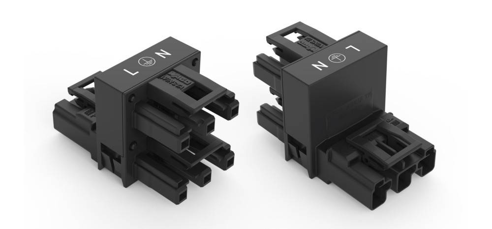 Schwarze Kunststoff-Elektroverbinder mit mehreren Schlitzen, gekennzeichnet mit 'L', 'N' und Erdungssymbolen, verwendet für Kabelverbindungen.