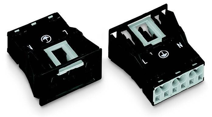 Zwei schwarze elektrische Wandsteckdosenmodule in abgewinkelter Ansicht, mit gekennzeichneten N- und L-Anschlüssen und hellgrauen Steckeröffnungen an einem Ende.