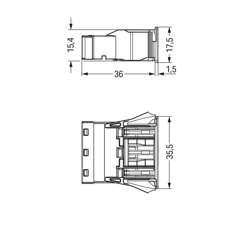 Technische Zeichnung einer Komponente mit Abmessungen. Draufsicht: 36 mm Breite, 15,4 mm Höhe. Seitenansicht: 17,5 mm Höhe, 35,5 mm Tiefe.