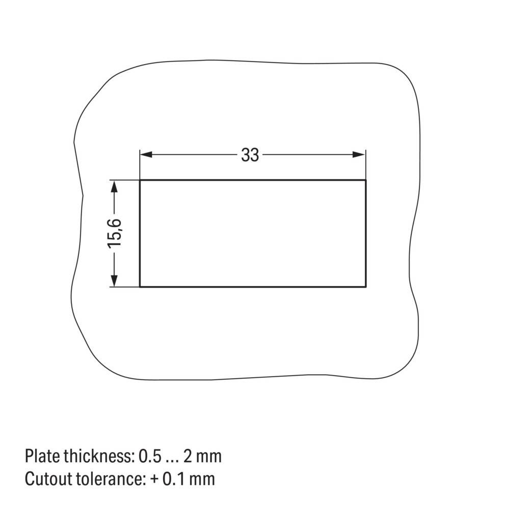 Eine Skizze eines rechteckigen Ausschnitts in einer Platte. Abmessungen betragen 33 mm x 15,6 mm. Plattendicke reicht von 0,5 bis 2 mm. Ausschnitt-Toleranz ist +0,1 mm.