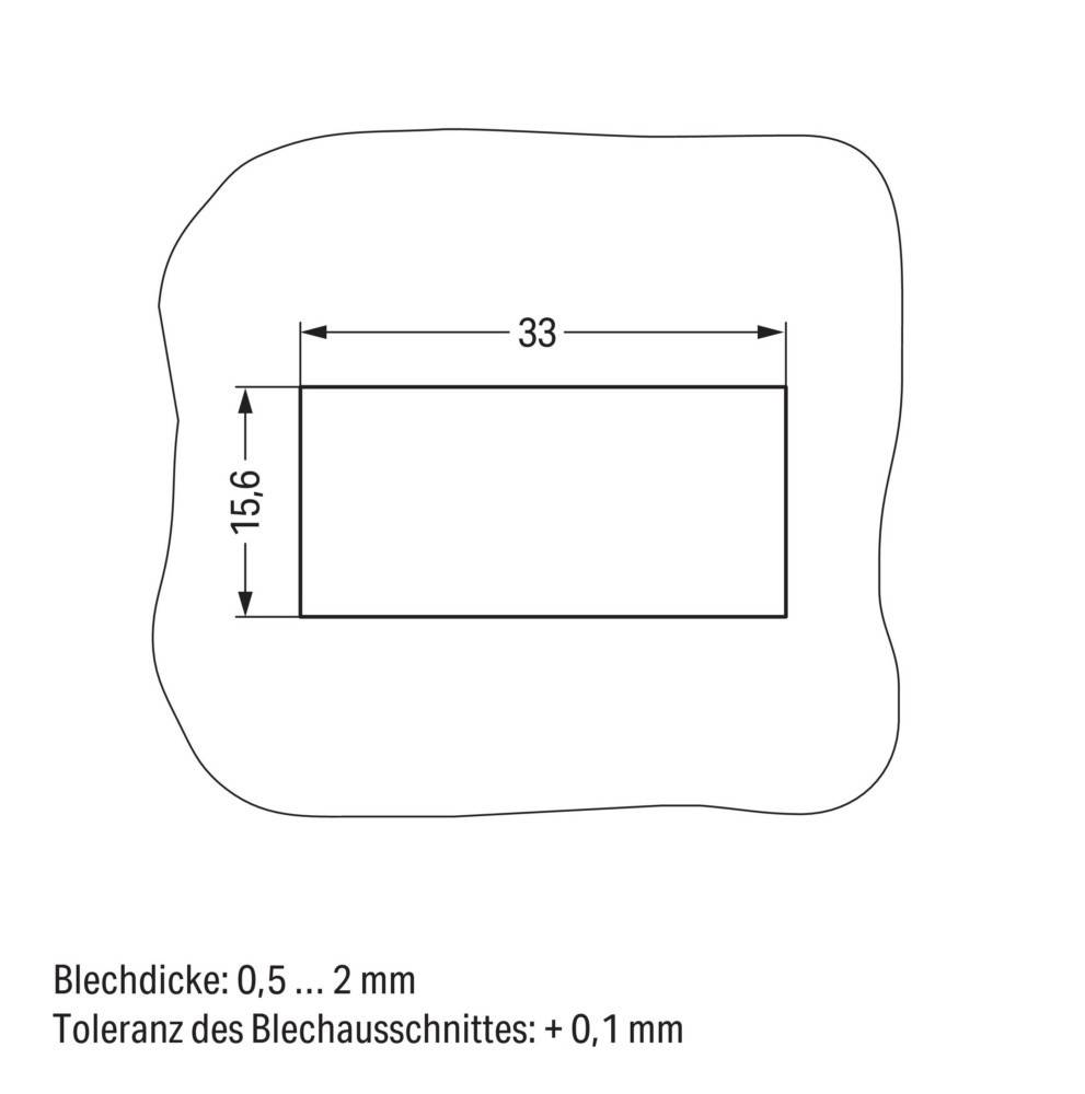 Ein rechteckiges Maßbild mit der Bezeichnung 33 x 15,6 mm mit 'Blechdicke: 0,5 ... 2 mm' und 'Toleranz des Blechausschnittes: + 0,1 mm'.