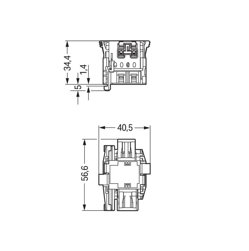 Technische Zeichnung einer elektrischen Komponente mit Maßen: Höhe 34,4 mm, Breite 40,5 mm, Tiefe 56,6 mm.