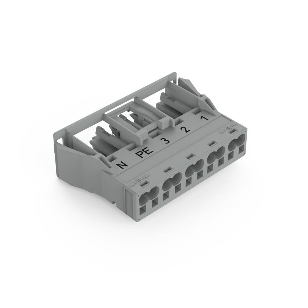 Ein grauer männlicher Steckverbinder mit beschrifteten Anschlüssen: 'N', 'PE', '3', '2', '1'. Verschiedene Drahtanschlüsse für elektrische Verbindungen sind sichtbar.