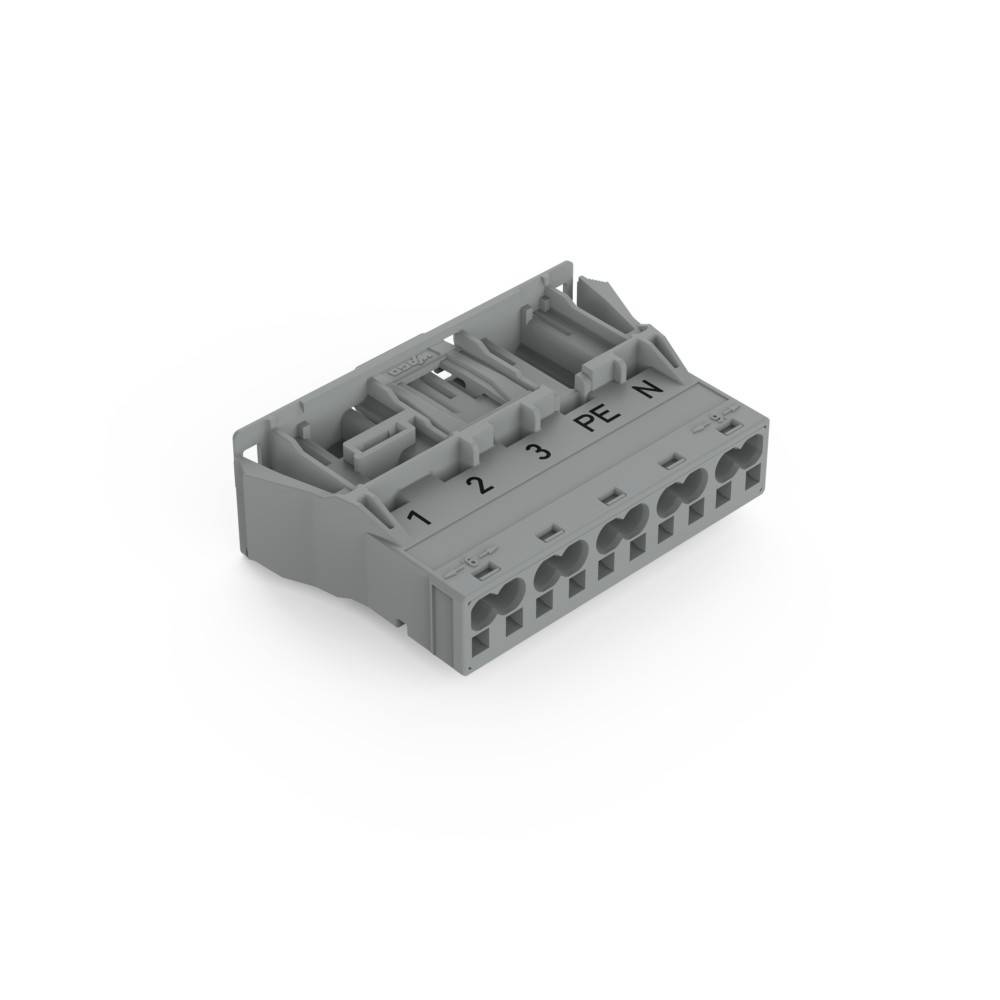 Ein grauer elektrischer Anschluss mit fünf beschrifteten Ports: '1', '2', '3', 'PE', 'N', der für sichere elektrische Verbindungen verwendet wird.