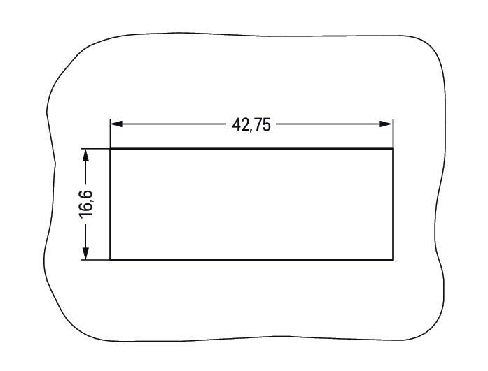 Rechteck mit Abmessungen von 42,75 bei 16,6 cm, gekennzeichnet durch Pfeile entlang der Länge und Breite, auf weißem Hintergrund.