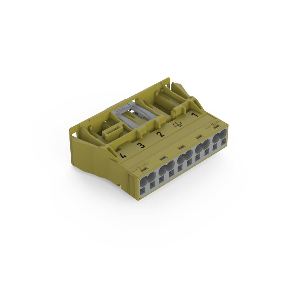 Ein gelber elektrischer Anschlussblock mit zwei Reihen von nummerierten Schlitzen, von 1 bis 4 beschriftet, mit sichtbaren Metallkontaktpunkten in jedem Schlitz.