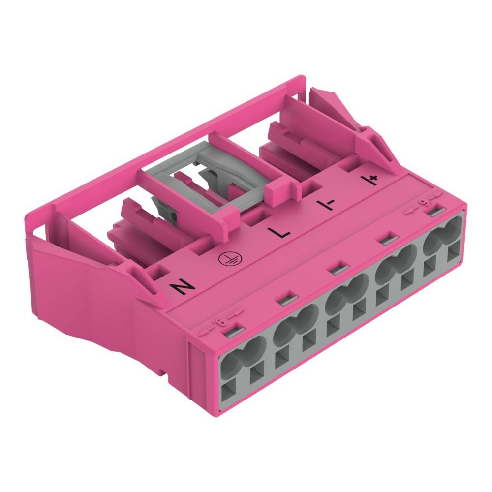 Pinker elektrischer Anschlussblock mit sechs Steckplätzen, beschriftet mit N, L und '+/-'. Wird für elektrische Verdrahtungsverbindungen in elektrotechnischen Installationen verwendet.