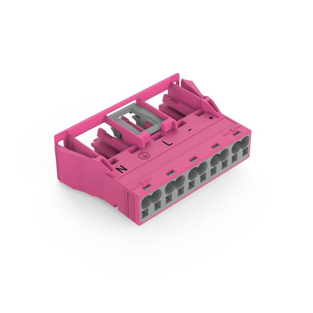 Ein rosa elektrischer Verbinder mit mehreren Anschlüssen, die mit ‚N', ‚L' und einem Erdungssymbol beschriftet sind, wird für Verkabelung und Schaltungsverbindungen verwendet.