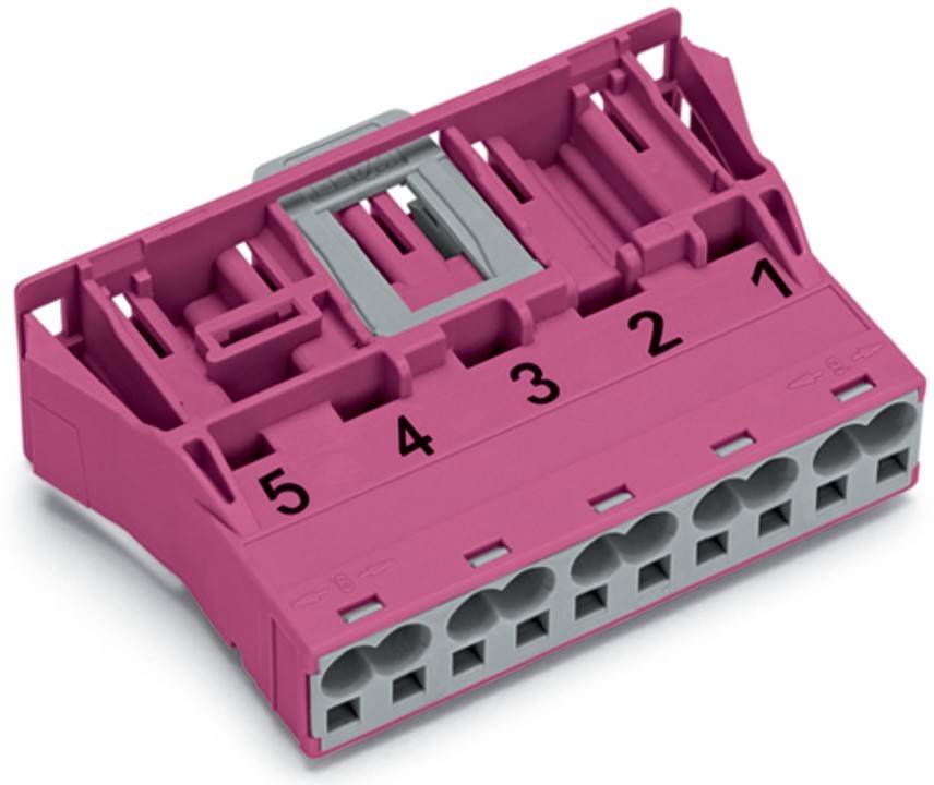 Ein rosa Anschlussklemmenblock mit nummerierten Steckplätzen von 1 bis 5, ausgestattet mit einem grauen internen Mechanismus zur Drahtverbindung und Sicherung.
