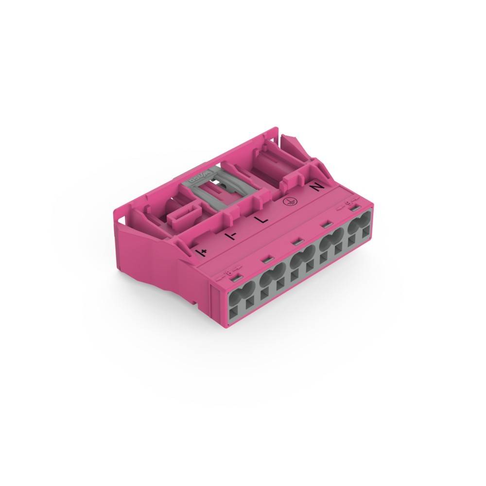 Ein rosa elektrischer Verbinder mit acht Anschlüssen, mit Symbolen beschriftet und einem grauen Verschlussmechanismus oben, der für sichere elektrische Verbindungen verwendet wird.