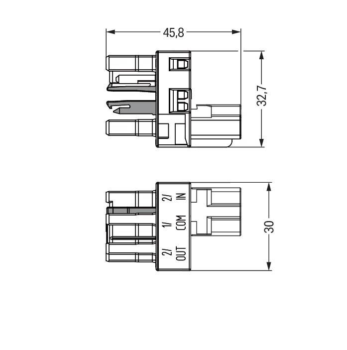 Technische Zeichnung eines elektrischen Anschlusses, mit Vorder- und Draufsicht. Abmessungen 45,8 x 32,7 mm und 30 mm Höhe.