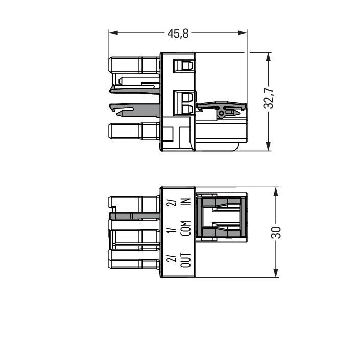 Technische Zeichnung eines rechteckigen elektrischen Anschlusses mit Maßangaben: Breite 45,8 mm, Höhe 32,7 mm, Tiefe 30 mm.