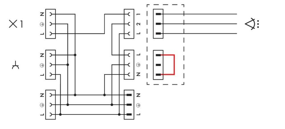 Eine elektrische Schemazeichnung mit Schaltkreisverbindungen; enthält Anschlüsse mit den Bezeichnungen 'L', 'N' und '+', mit einem hervorgehobenen roten Bereich.