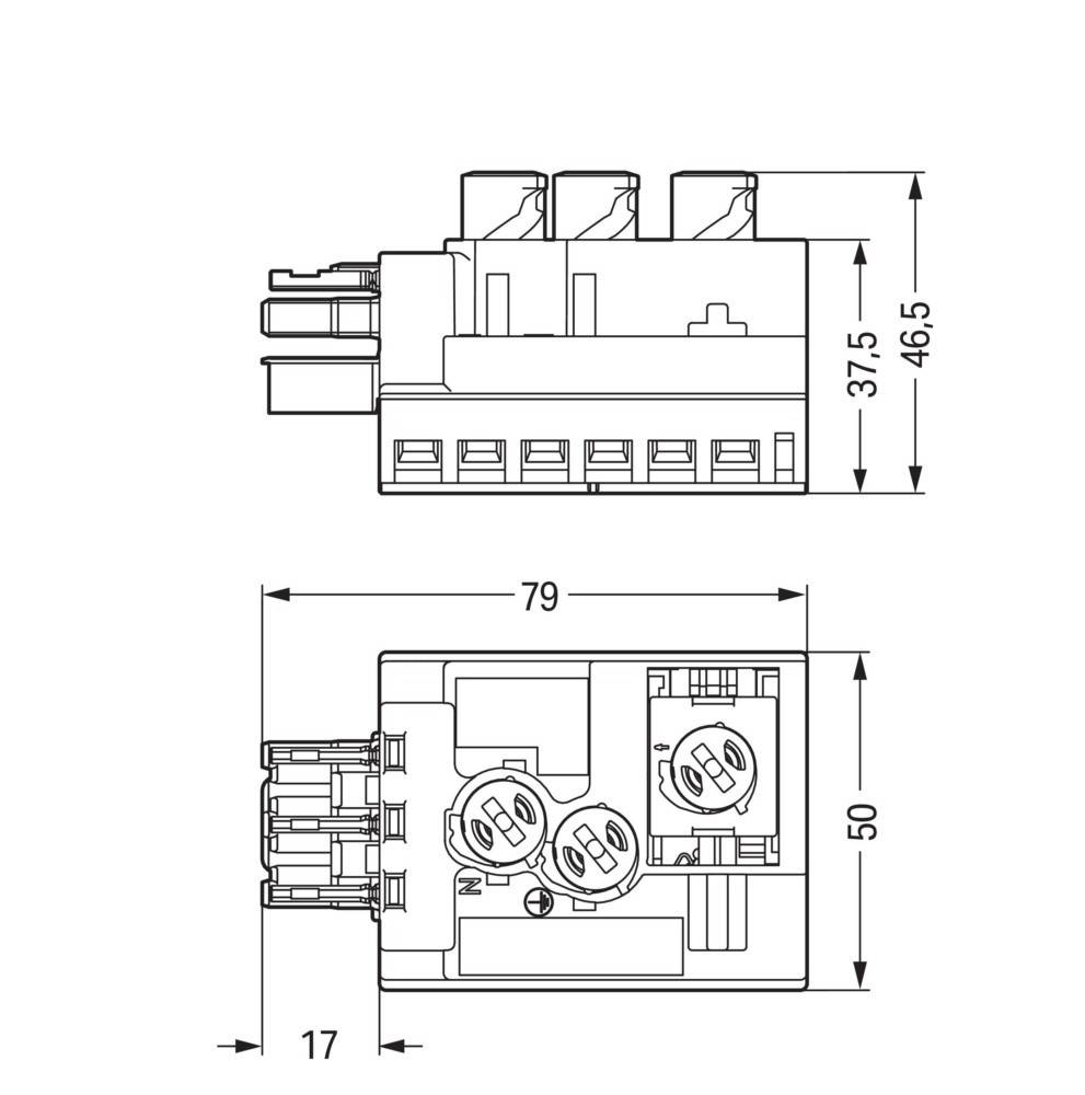 Technische Zeichnung eines elektrischen Anschlusses mit Abmessungen: Breite 79 mm, Höhe 50 mm, Tiefe 17 mm und Höhe des oberen Abschnitts 37,5 mm.